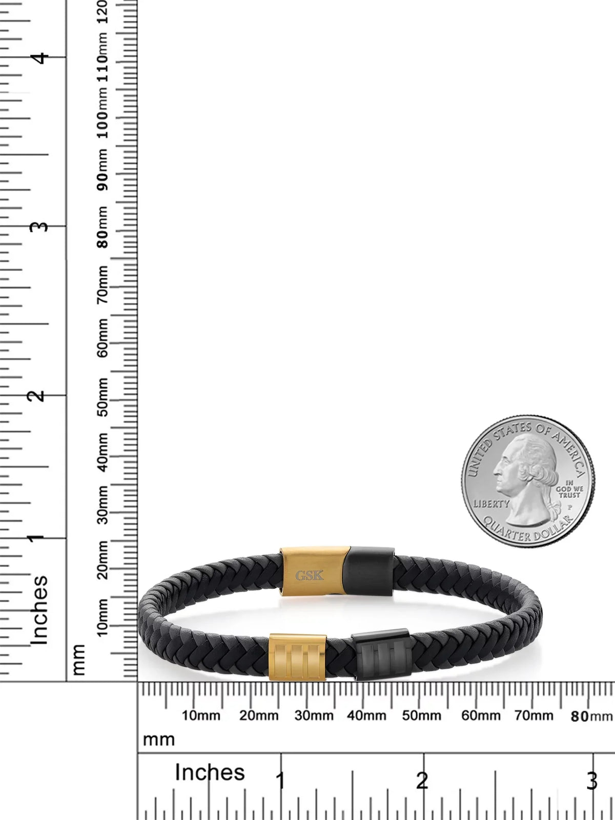 inch, (8.25 Genuine King Men's 7.7MM Gold Gem Black Steel Leather Width) Premium Stone Stainless Bracelet