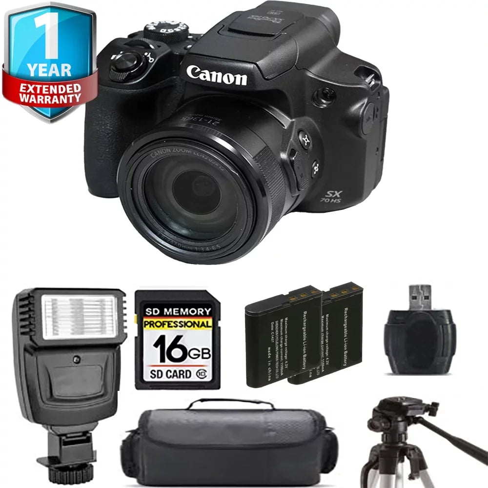'+ Flash+ Warranty 1 Battery Yr SX70 PowerShot Canon Digital HS Extra + Camera