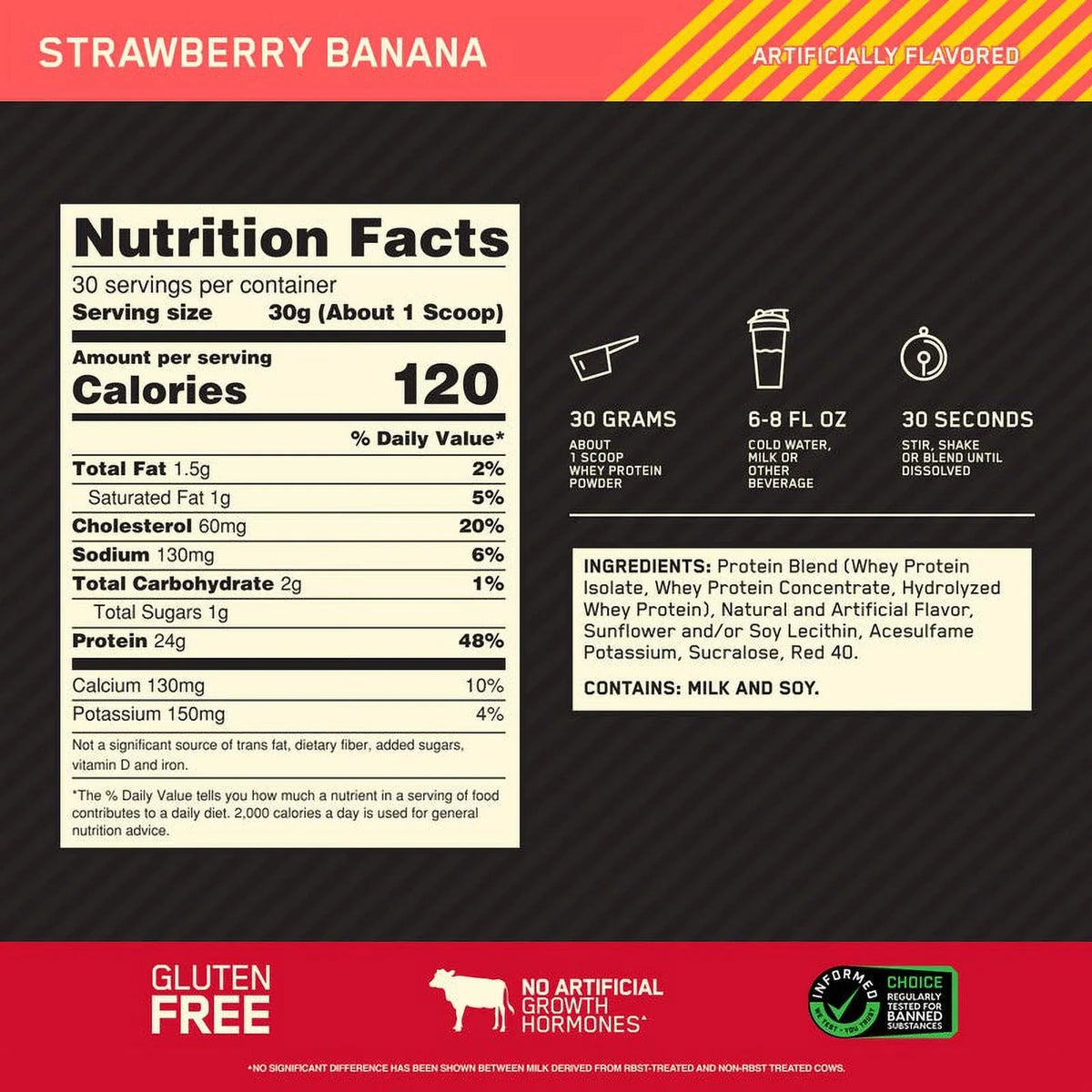 Standard Protein, g Protein Gold Nutrition, Whey Servings Strawberry Optimum Powder, Banana, lb, 100% 24 2 30