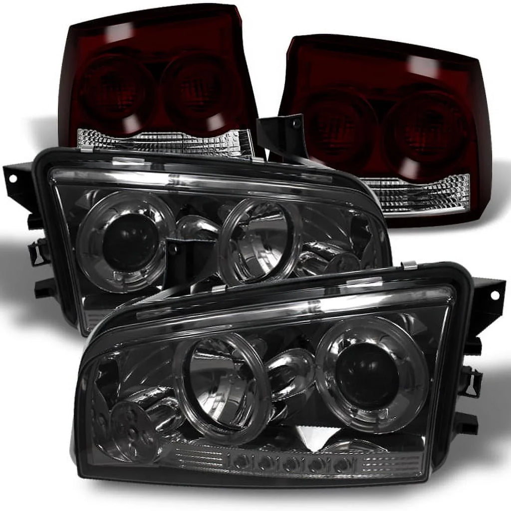 '- Dodge Red Smoked LED Dark 2009-2010 Smoked Tail Charger Lamp AKKON + Projector Halo Headlights For Angel Lights Eye