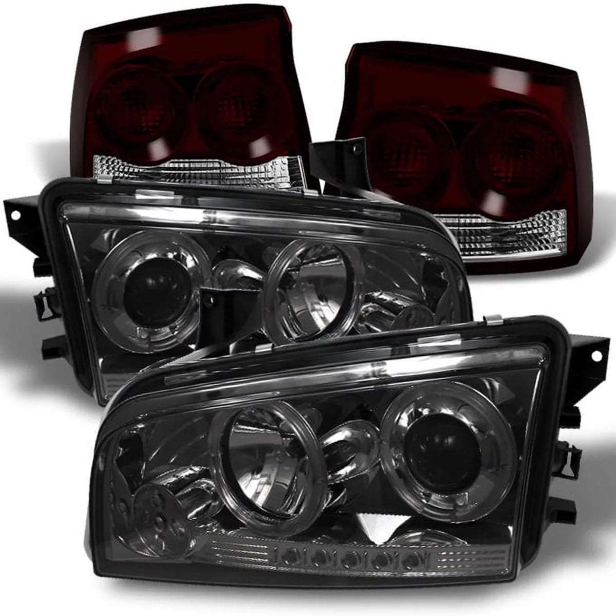 '- Dodge Red Smoked LED Dark 2009-2010 Smoked Tail Charger Lamp AKKON + Projector Halo Headlights For Angel Lights Eye