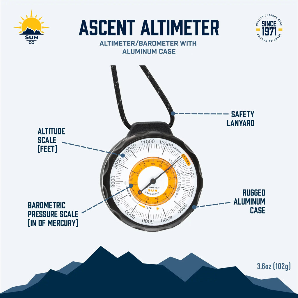 to Altimeter Company and Altimeter Lanyard Feet | Aluminum | Barometer Battery-Free Rugged with Altitude Reads Case and 0 - Reflective climate-Trend from Ascent Indicator Sun 15,000