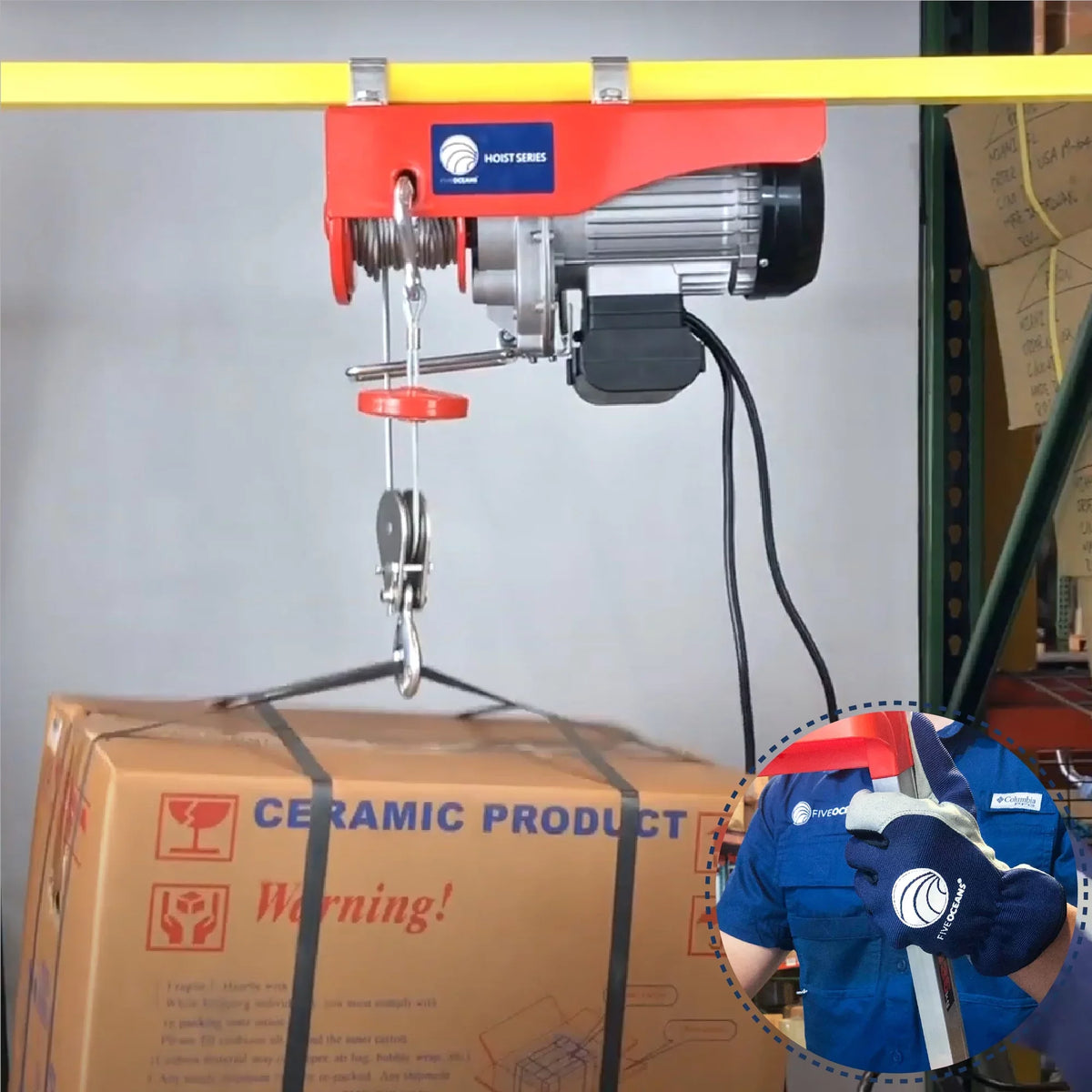 Factory Lifting Hoist, Winch Oceans Garage, Electric Lb Working Gloves Control V, Remote Stop Electric Button Hoist FO3780-C1 Pulley - Pulley 120 System, 440 Five 20FT for Hoist, Emergency Includes