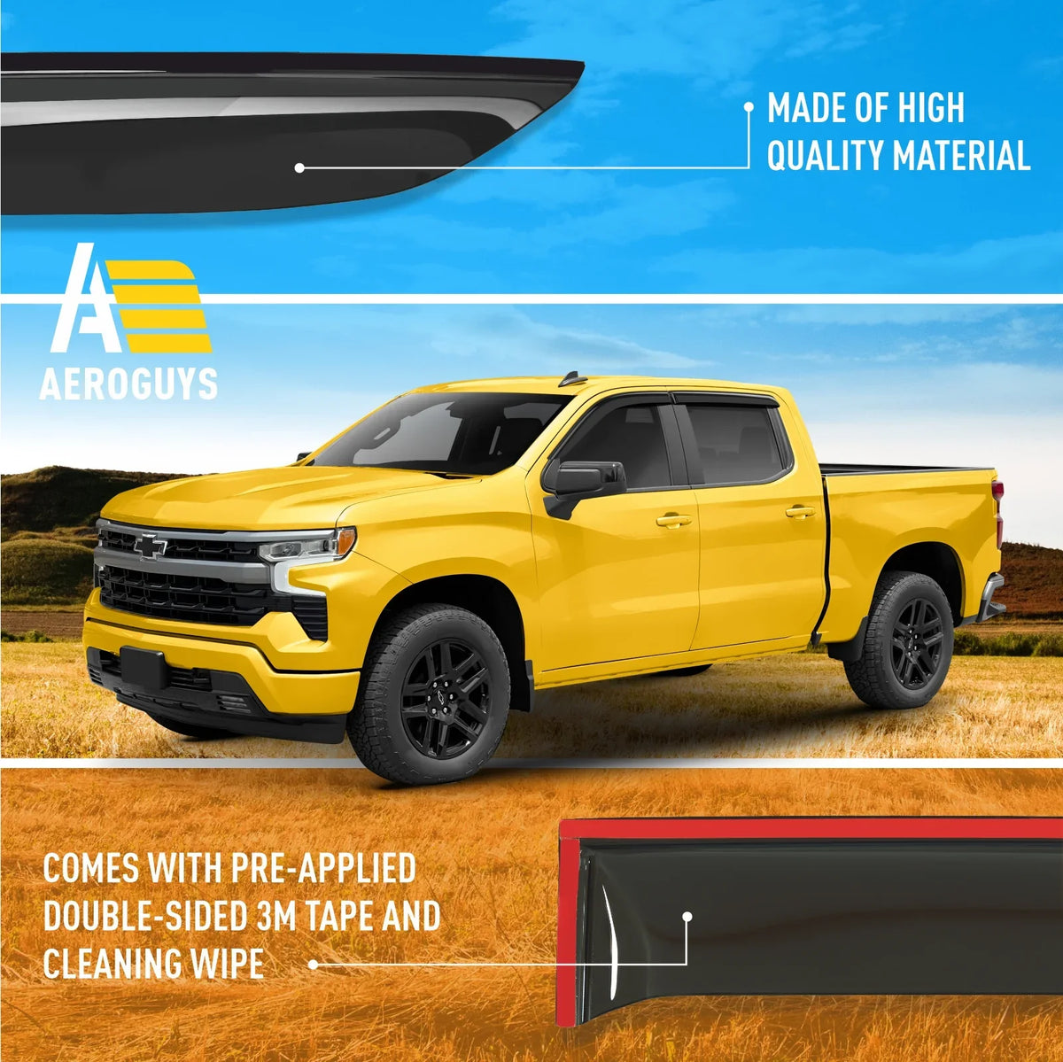 AG0422 Durable Silverado (Chevy) 4pcs. Tape-On for AEROGUYS - Cab, Wind Sun Chevrolet 2019-2024 Rain Fit Accessories Vent Truck Guards Crew Visors, Visors, Extra Visors Deflectors Window 1500 Window