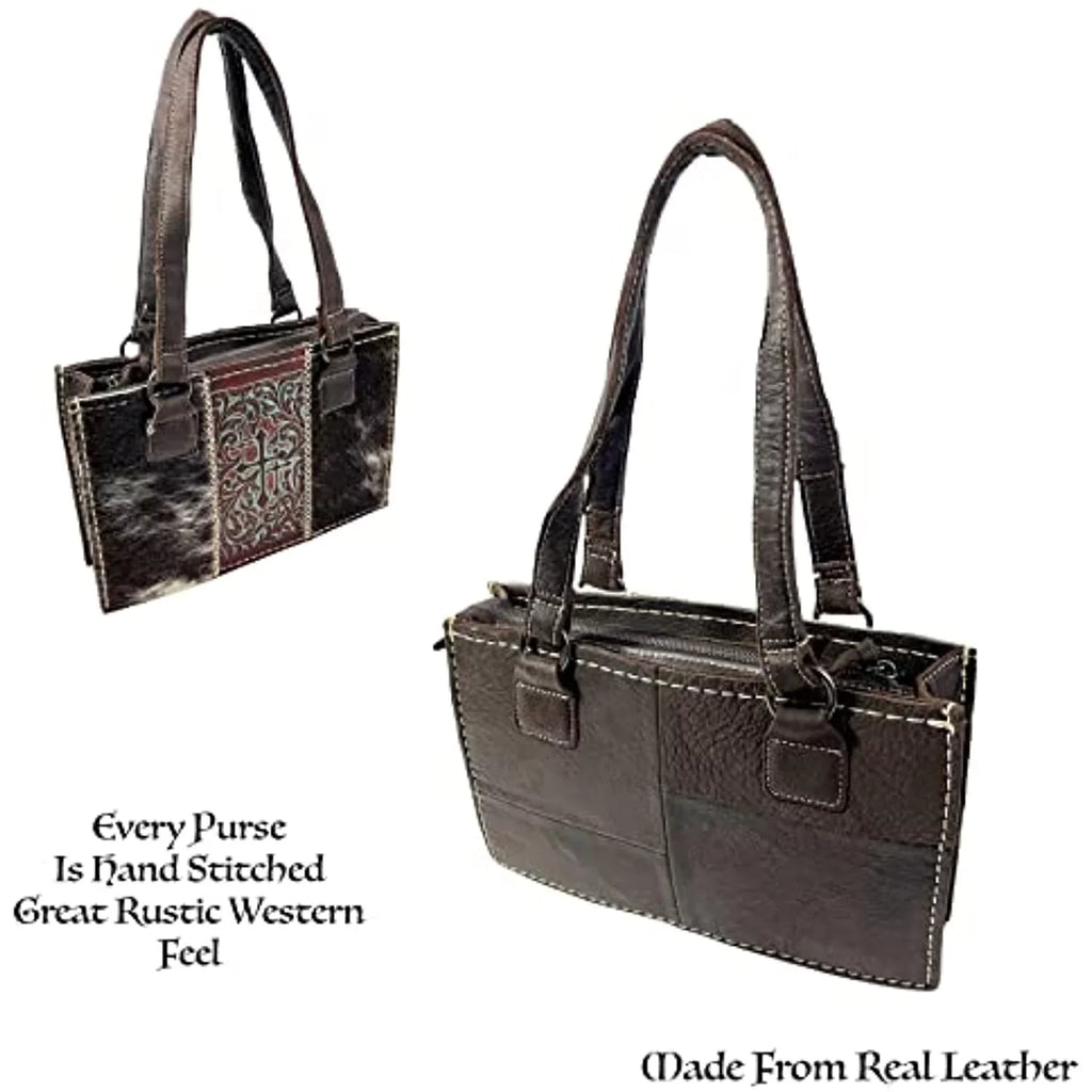 Urbalabs Tote Stitched Crosses Dark Bag Zipper Shoulder the Brown) for (Dark Purse Western Over Leather Brown Tooled Hand Women Handbag with Purses In CowHair Western Genuine