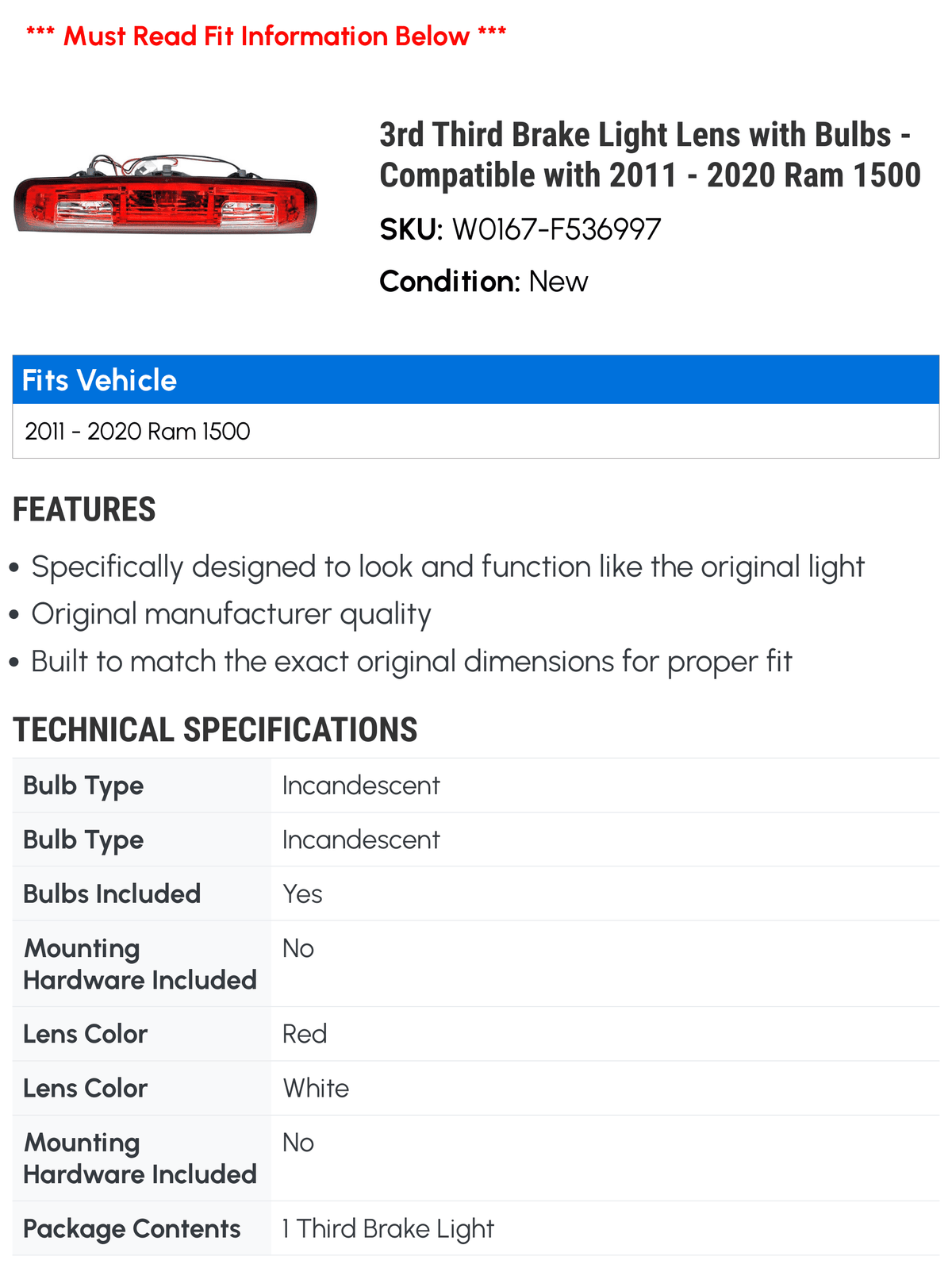 Ram Third 2016 2019 3rd 2018 Brake Lens 1500 Bulbs - 2017 2013 Compatible 2020 Light 2012 2011 - 2015 with 2014 with