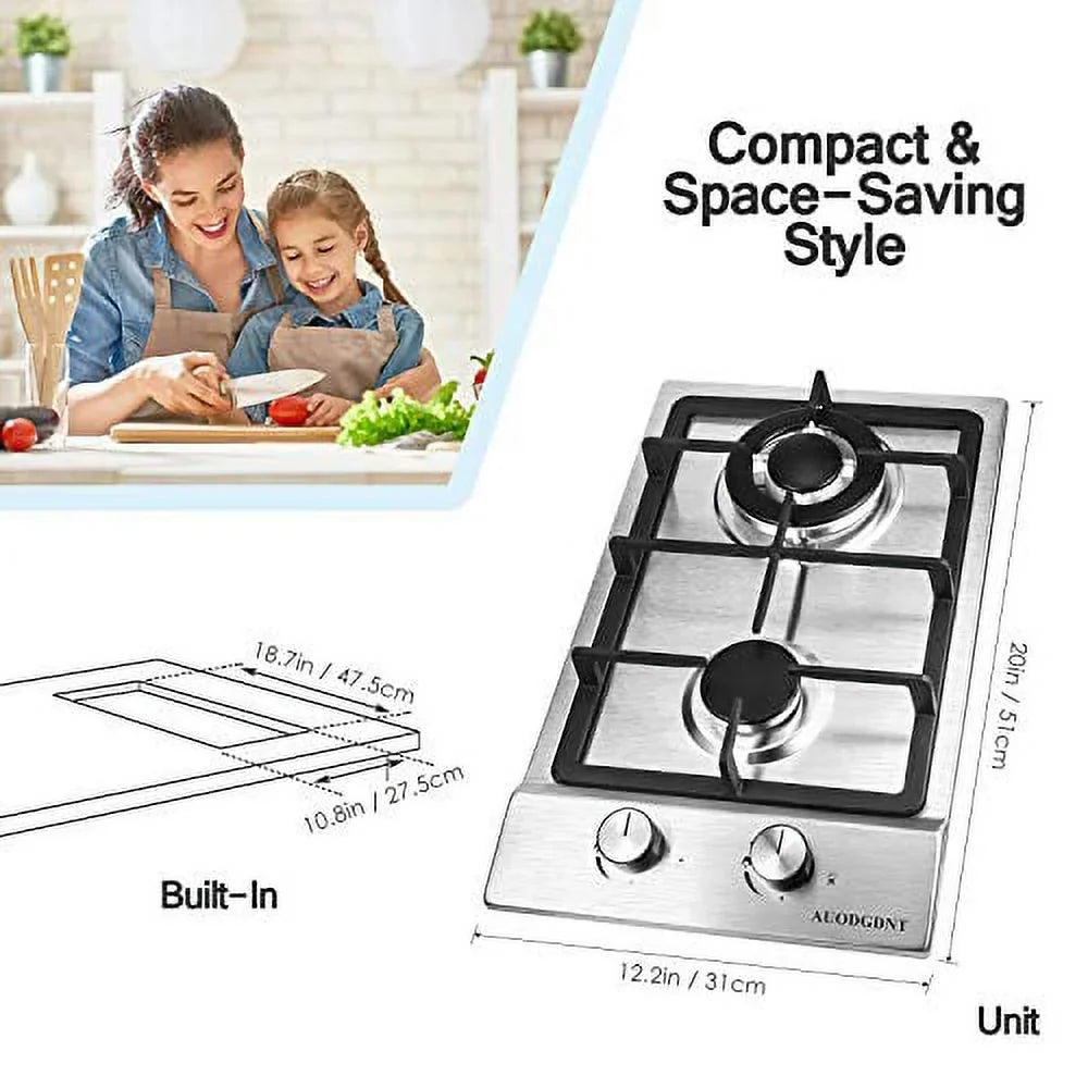 Gas for Apartments, LPG/NG to exterior Burners,12 Easy Stainless Dual Steel Cooktop Portable RVs, Stove 2 Inches Clean Hob Gas Fuel Built-in Gas