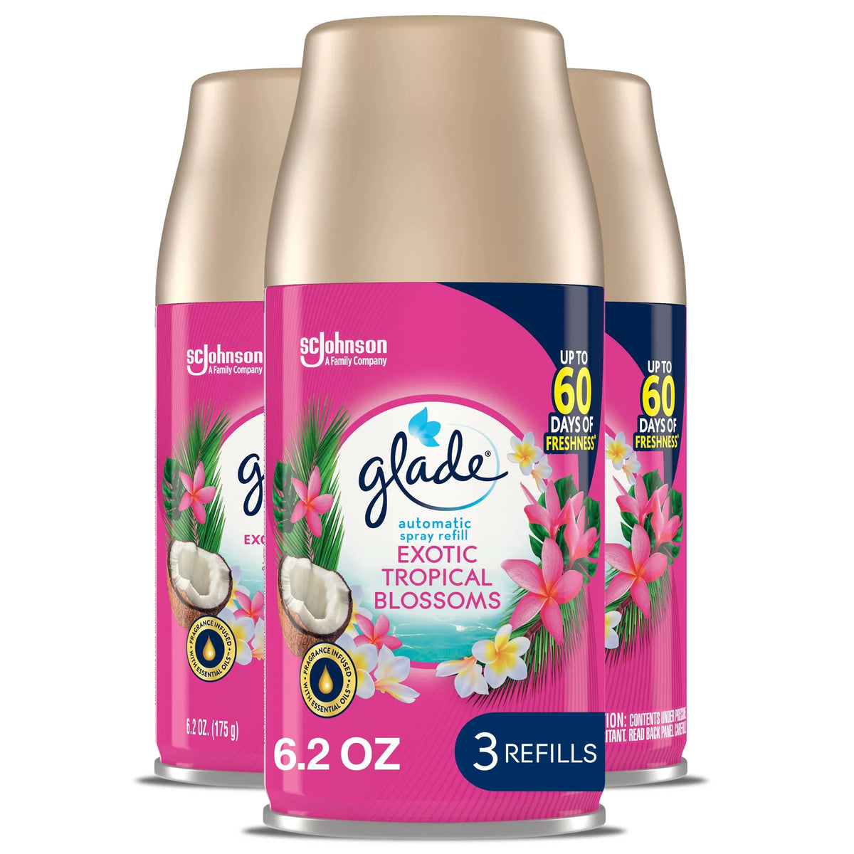 Spray Blossoms, Tropical 3 6.2 For Home Freshener Air Oz, Refill, And Count Automatic Bathroom, Glade