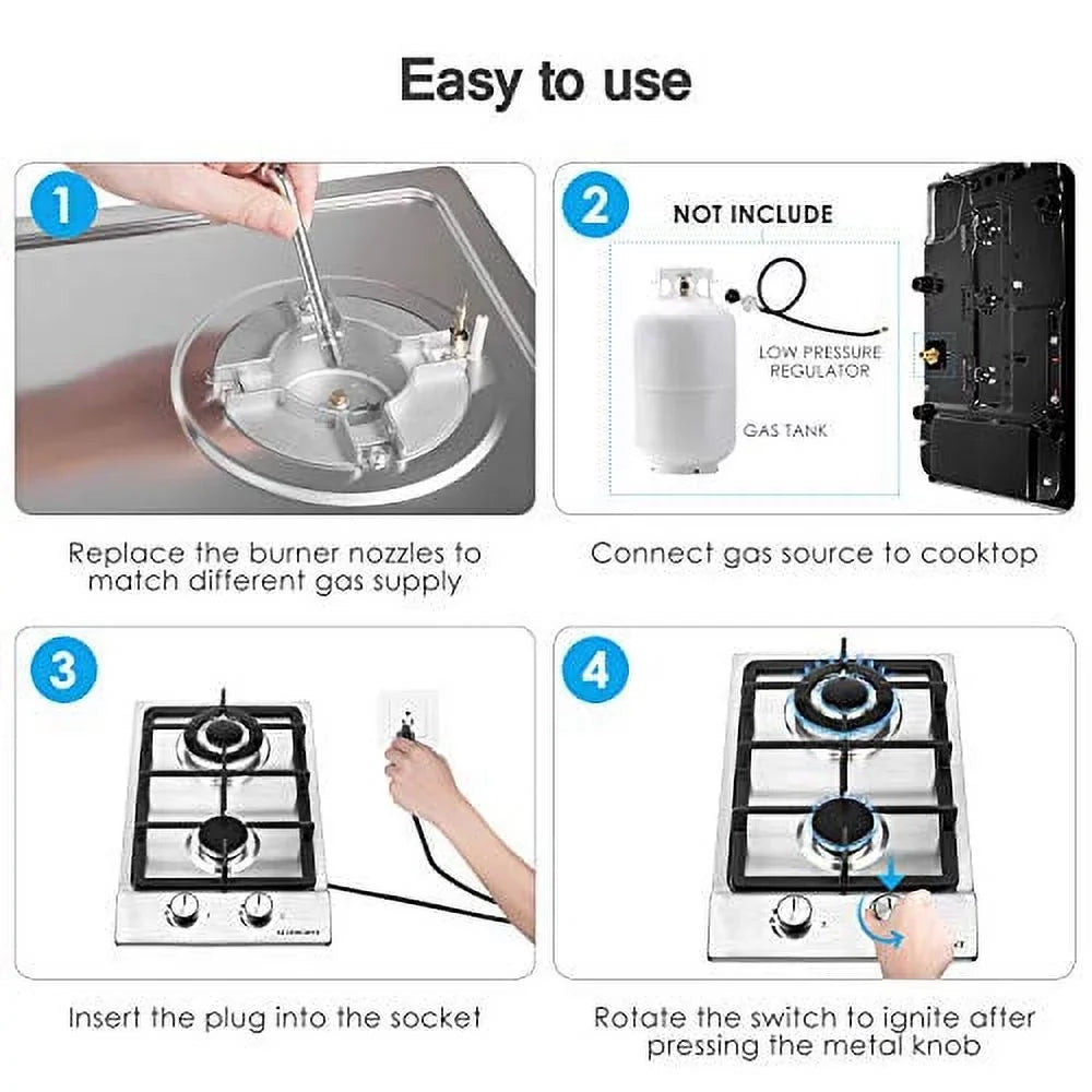 Gas for Apartments, LPG/NG to exterior Burners,12 Easy Stainless Dual Steel Cooktop Portable RVs, Stove 2 Inches Clean Hob Gas Fuel Built-in Gas