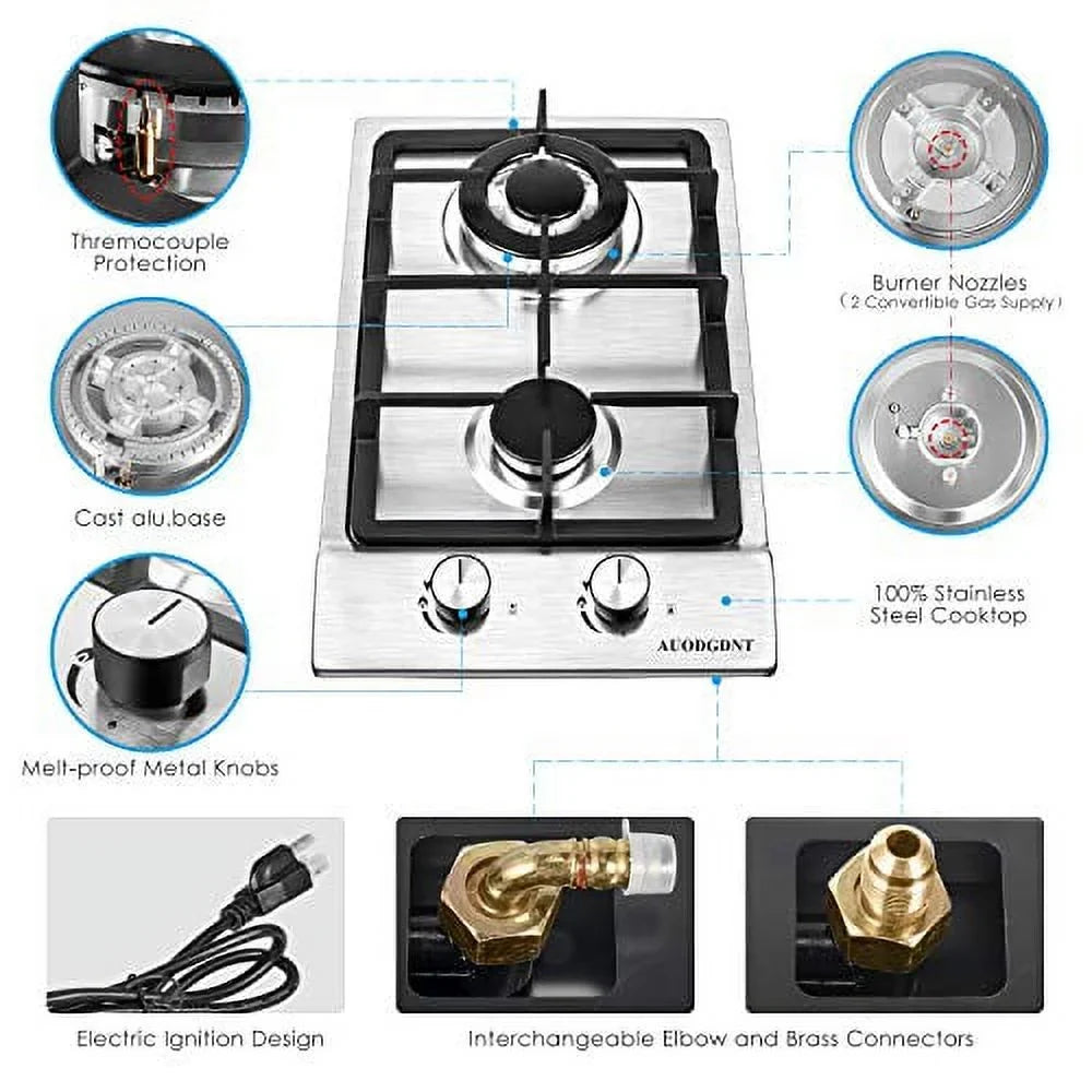 Gas for Apartments, LPG/NG to exterior Burners,12 Easy Stainless Dual Steel Cooktop Portable RVs, Stove 2 Inches Clean Hob Gas Fuel Built-in Gas