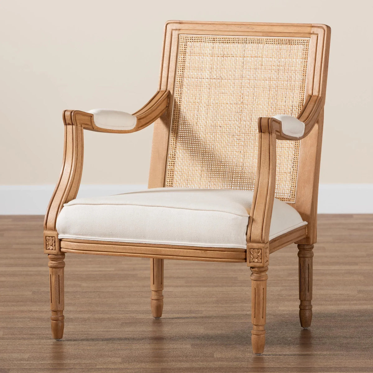 Studio Chair French Fabric Oak and Finished Accent Baxton Beige Honey Wood Garridan Traditional