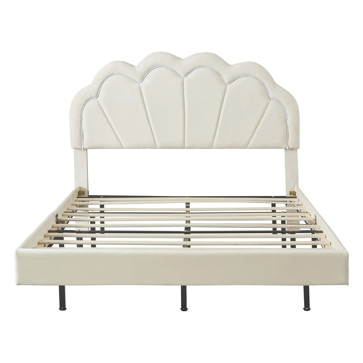 Bed Elegant Frame Cosymart Slats LED Full Platform Support， Headboard， LED Beige Flowers Floating Bed Velvet with with Upholstered Wooden Smart
