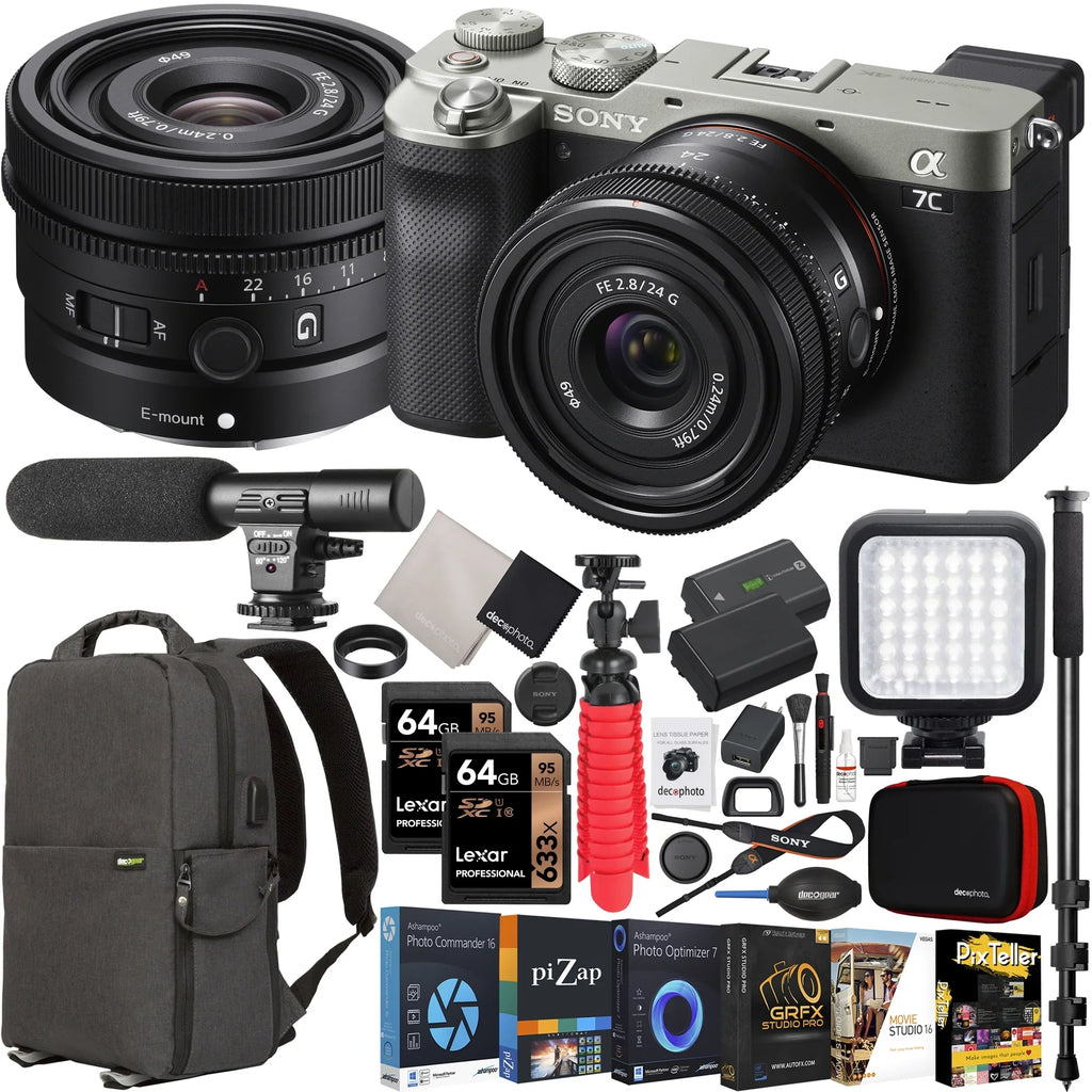 Monopod FE Photography Deco Backpack Full ILCE7C/S LED Compact with Case G a7C and SEL24F28G Accessories Frame Lens Camera Gear Mirrorless with + Bundle + 24mm + Body F2.8 Silver Microphone