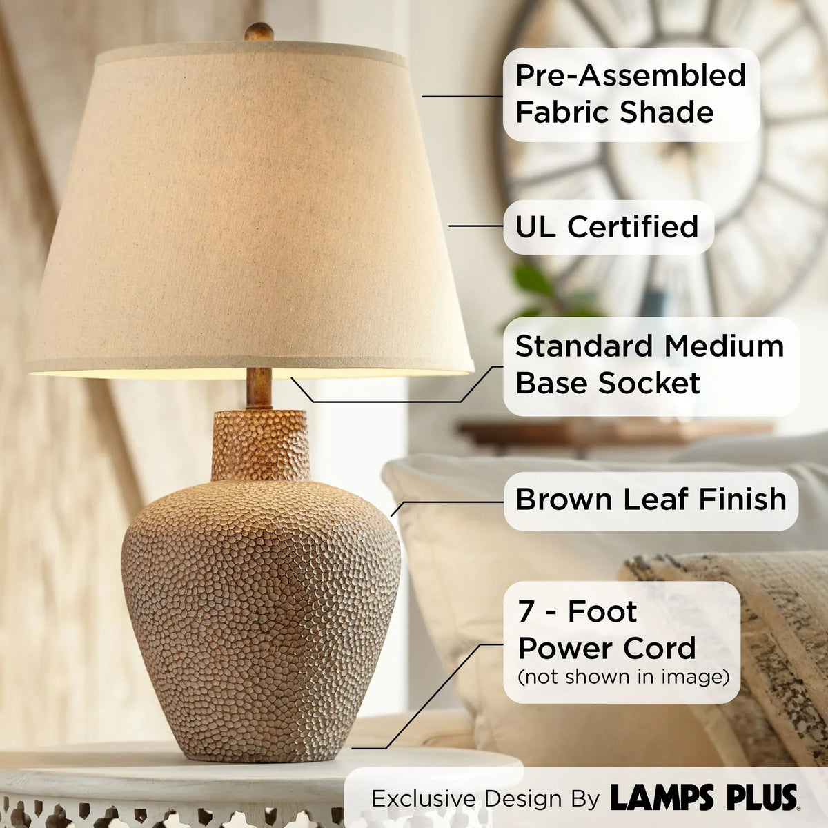 Rustic Textured Brown Home Bedroom Lighting Table Off Bentley Hammered Room Pot Lamp House Living Leaf Tall Empire Shade White 29" 360 for Farmhouse