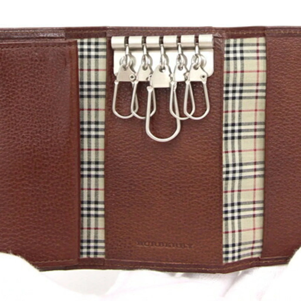 (Good) Coin BURBERRY Dark Case Leather Check MS152 Holder Brown Key 5 Burberry Pre-Owned