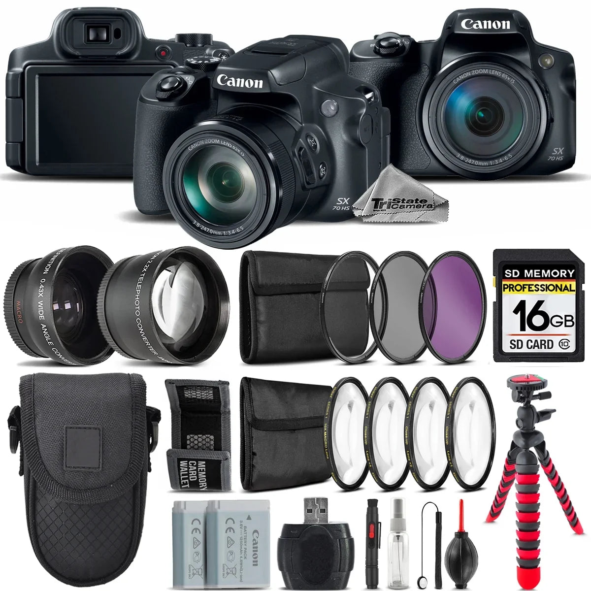 SX70 16GB Bundle 7 PC - Camera HS + PowerShot Extra Filter Battery + Kit Canon