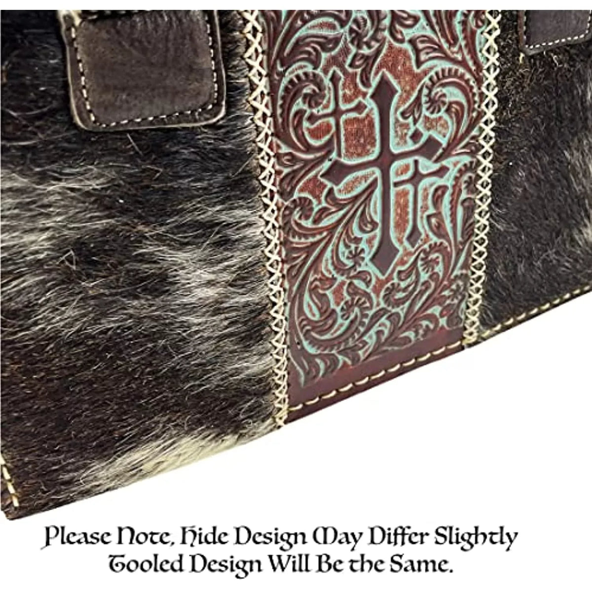 Urbalabs Tote Stitched Crosses Dark Bag Zipper Shoulder the Brown) for (Dark Purse Western Over Leather Brown Tooled Hand Women Handbag with Purses In CowHair Western Genuine