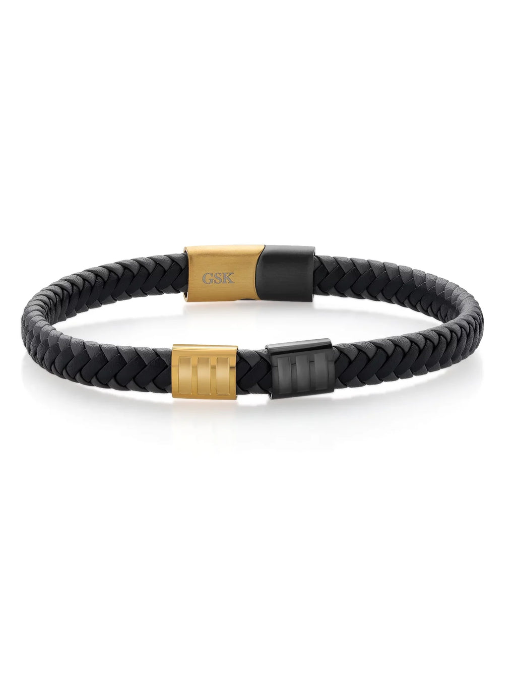 inch, (8.25 Genuine King Men's 7.7MM Gold Gem Black Steel Leather Width) Premium Stone Stainless Bracelet