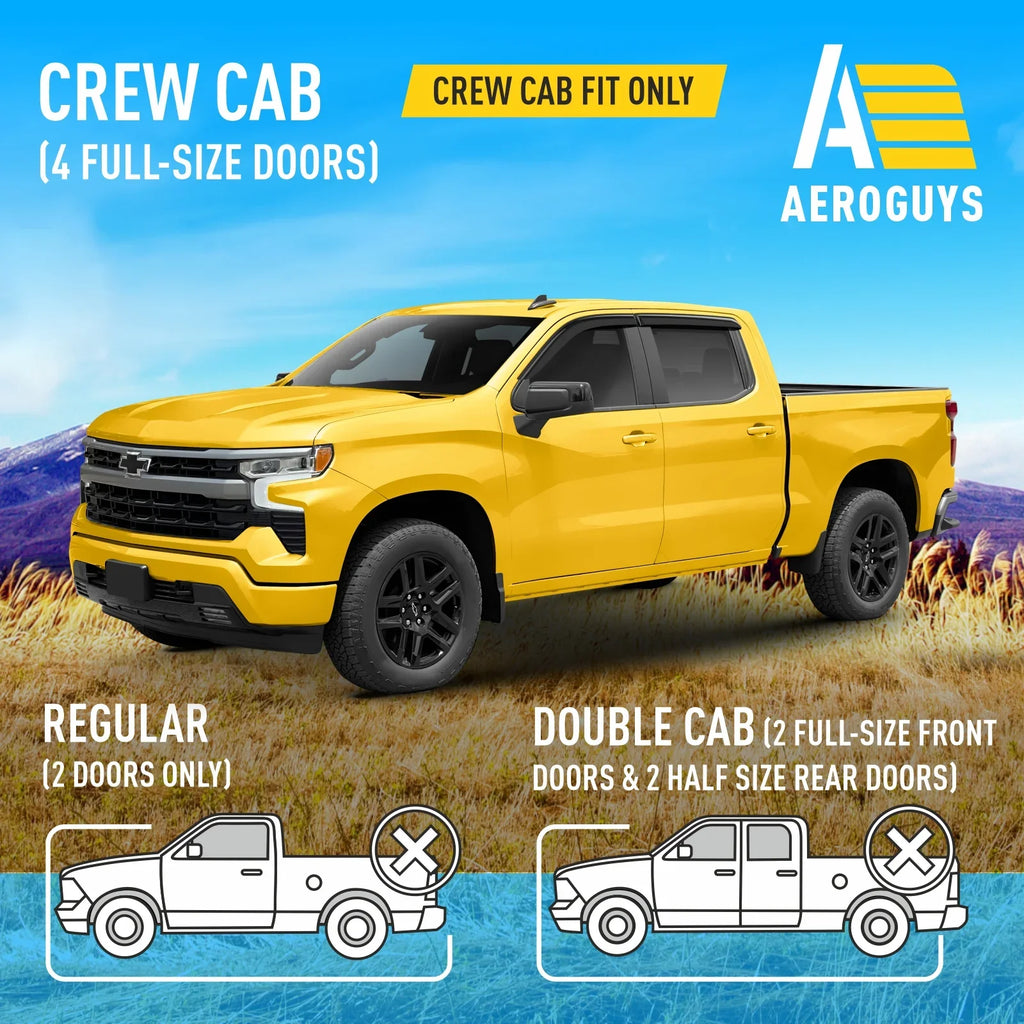AG0422 Durable Silverado (Chevy) 4pcs. Tape-On for AEROGUYS - Cab, Wind Sun Chevrolet 2019-2024 Rain Fit Accessories Vent Truck Guards Crew Visors, Visors, Extra Visors Deflectors Window 1500 Window