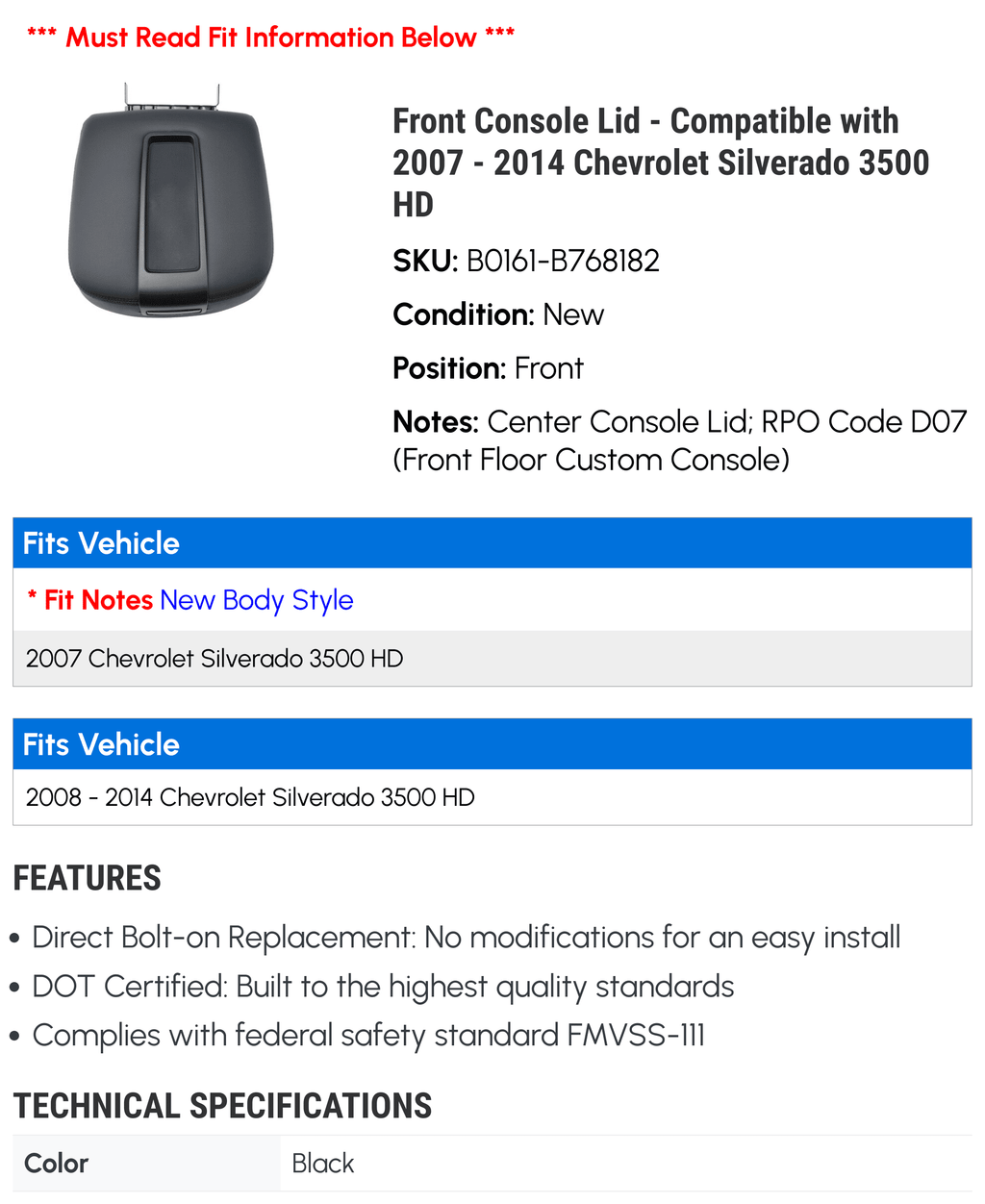 Silverado 2008 Chevy Front - 2009 2014 Console 2007 2012 3500 2010 Lid 2013 - 2011 with HD Compatible