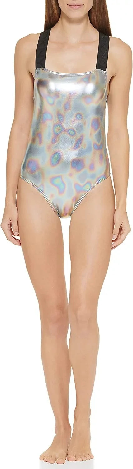 Women's Swimsuit Gray DKNY Crisscross Piece dimension One X-Large Metallic
