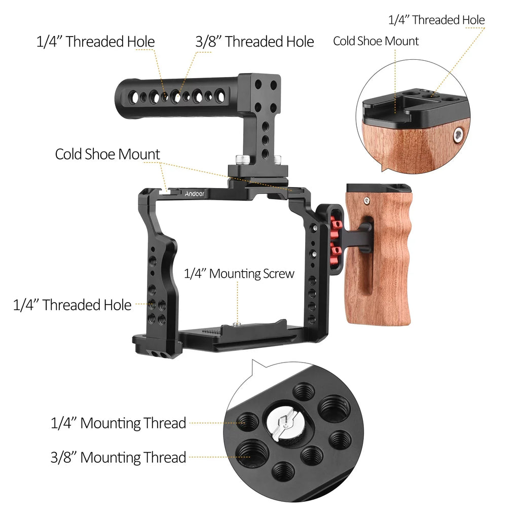 Threads Dual + Alloy II Replacement A7IV/ Aluminum Andoer A7III/ with Mounts Cold A7II/ Inch + Video Handle III/ for Wooden A7R A7R Cage 14 A7S Side Numerous II/ Shoe Kit Grip