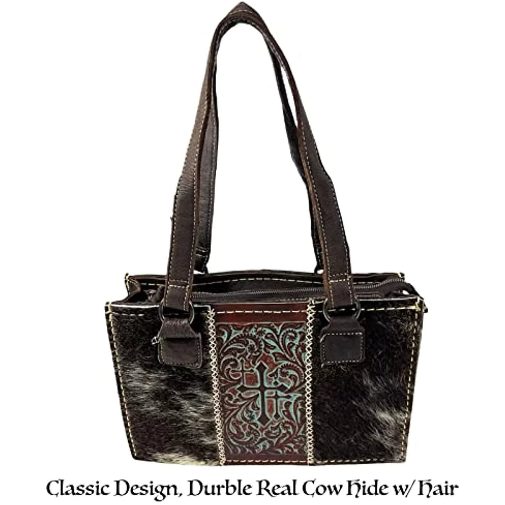 Urbalabs Tote Stitched Crosses Dark Bag Zipper Shoulder the Brown) for (Dark Purse Western Over Leather Brown Tooled Hand Women Handbag with Purses In CowHair Western Genuine
