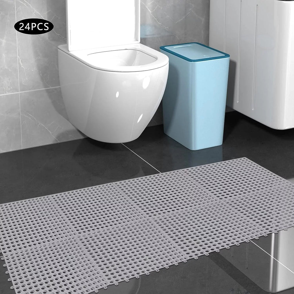 Drainage PVC Mat Shower Floor Interlocking Kitchen, Gray Bathroom, Holes Nonslip Mat,Soft Pool with 11.8*11.8" for Bath 24PCs