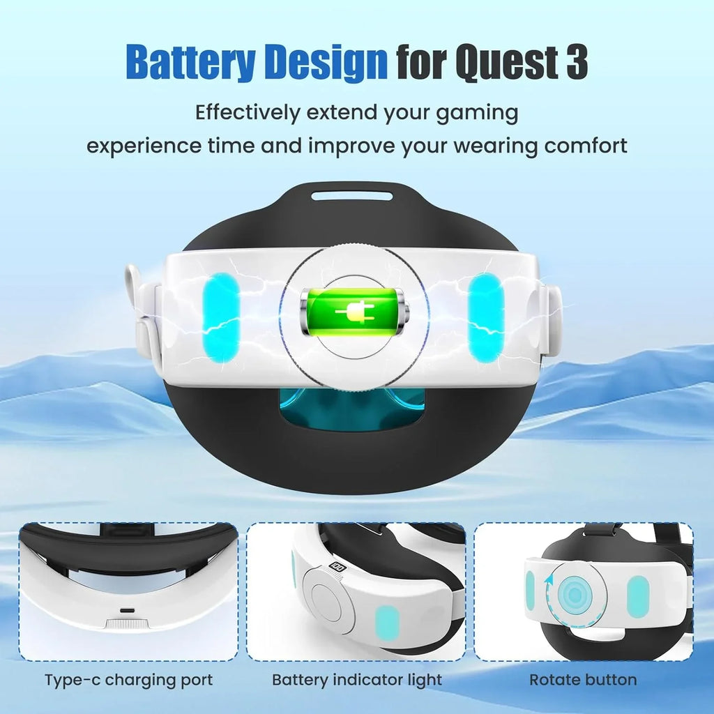 Elite Strap, Meta Accessories 3 Quest Head with 3, Pressure Playtime-for for Meta Extend Adjustable 5300mAh VR Battery Strap & Battery to Quest Reduce Pack