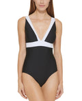 Plunging BLACK US 4 Swimsuit, Colorblocked One-Piece DKNY