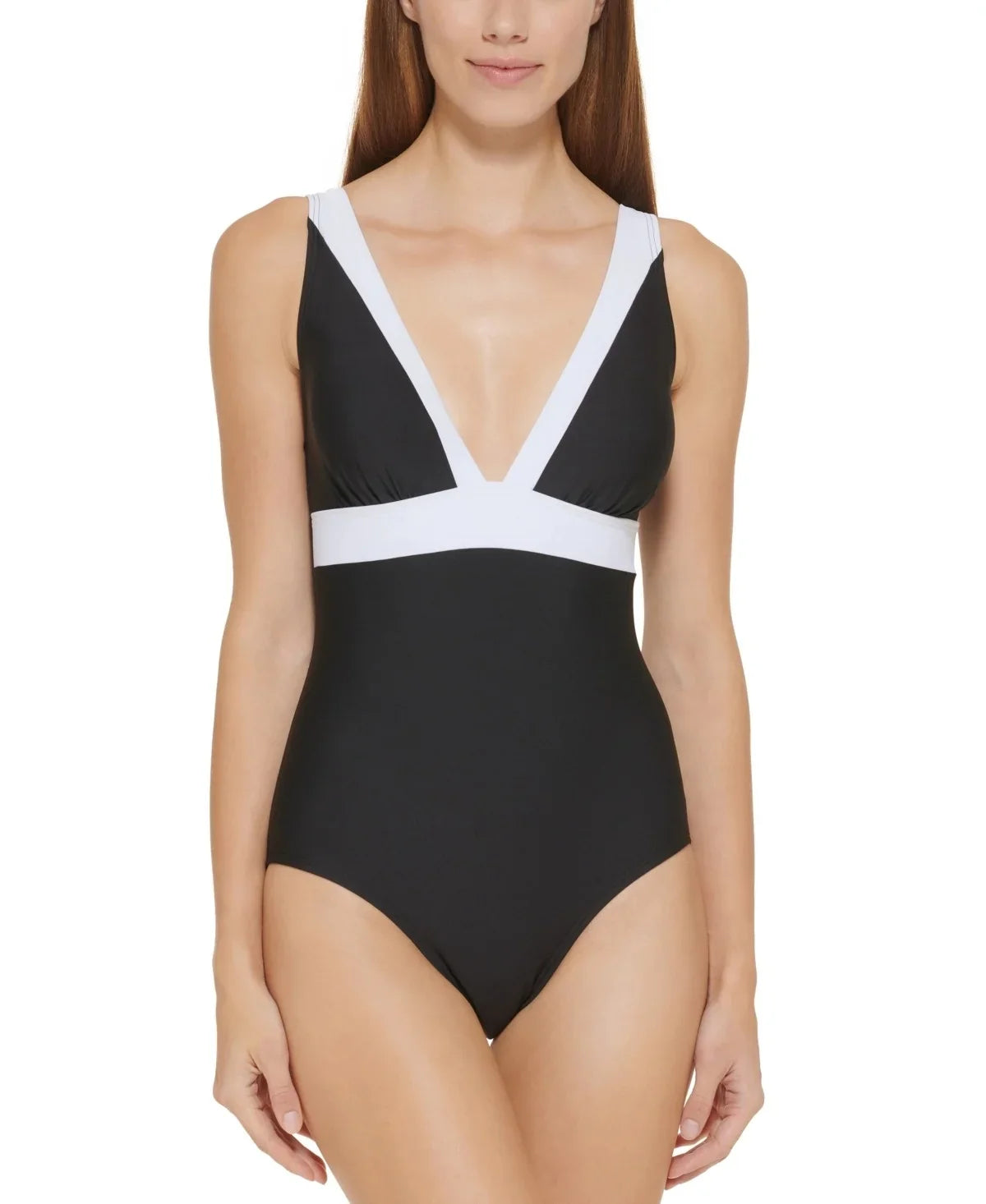 Plunging BLACK US 4 Swimsuit, Colorblocked One-Piece DKNY