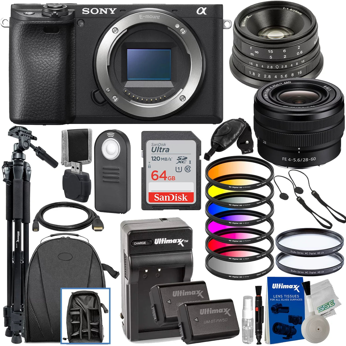 28-60mm f/1.8 Bundle: Accessory Lens 72” Lightweight 64GB & Ultra Digital Much Mirrorless a6400 Camera 25mm FE f/4-5.6 & Manual + Lens Deluxe Alpha Tripod More SanDisk SDXC, Ultimaxx with