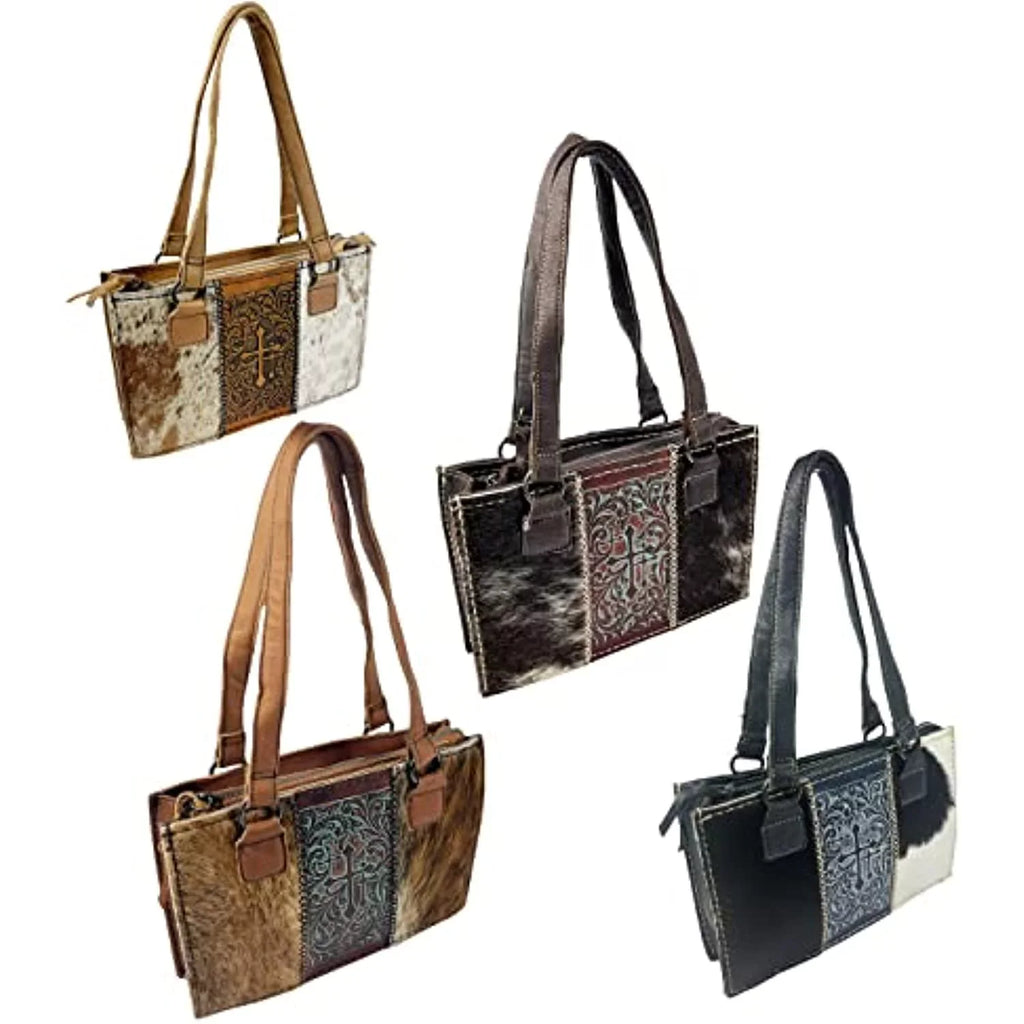 Urbalabs Tote Stitched Crosses Dark Bag Zipper Shoulder the Brown) for (Dark Purse Western Over Leather Brown Tooled Hand Women Handbag with Purses In CowHair Western Genuine