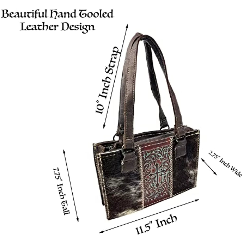 Urbalabs Tote Stitched Crosses Dark Bag Zipper Shoulder the Brown) for (Dark Purse Western Over Leather Brown Tooled Hand Women Handbag with Purses In CowHair Western Genuine