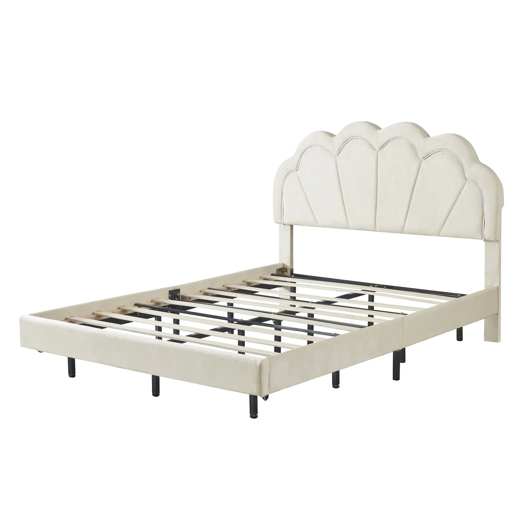 Bed Elegant Frame Cosymart Slats LED Full Platform Support， Headboard， LED Beige Flowers Floating Bed Velvet with with Upholstered Wooden Smart
