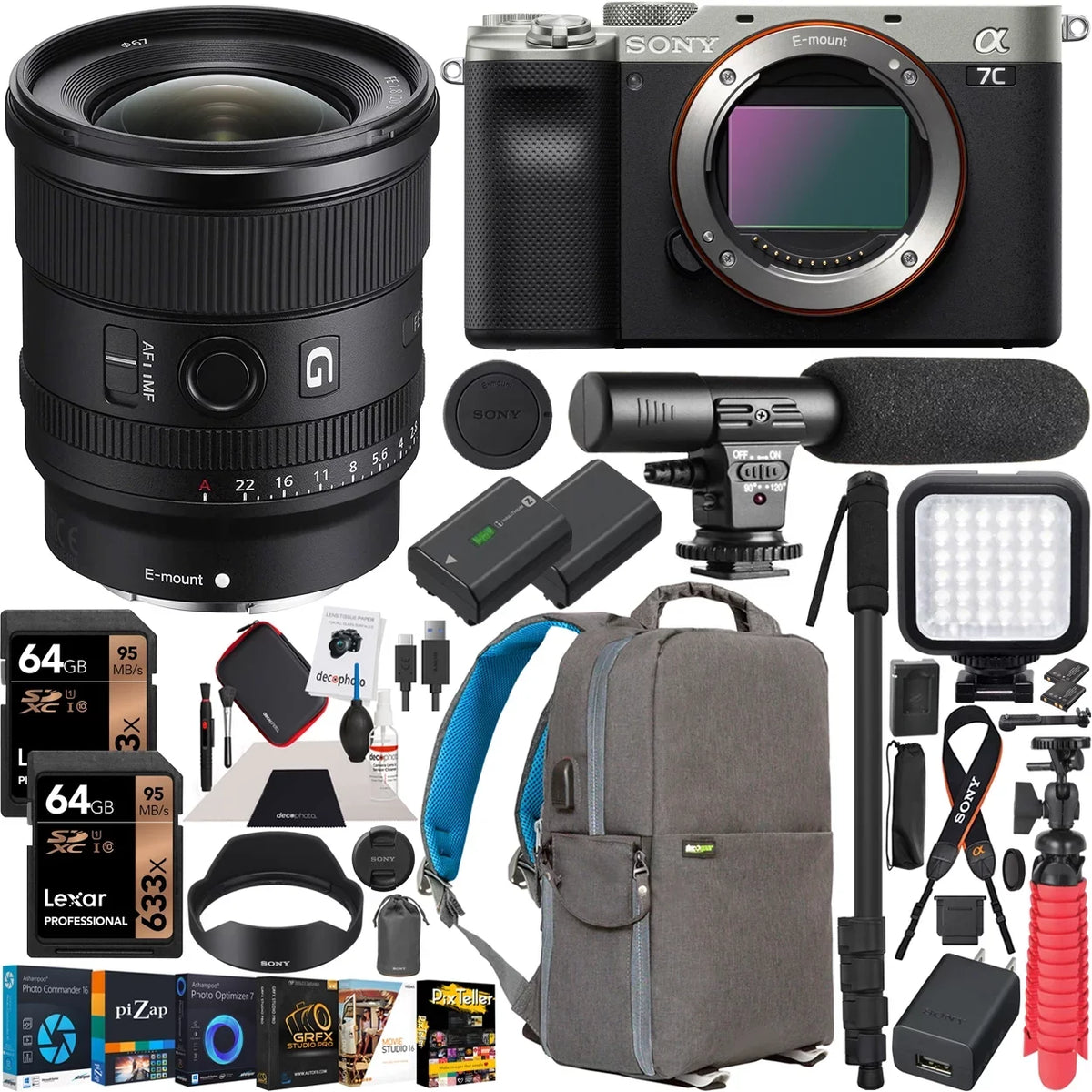 Camera Software and FE a7C Mirrorless Photography Backpack SEL20F18G Frame F1.8 Lens with Gear Bundle Body Full Silver G Accessories ILCE7C/S with 20mm , Case Deco