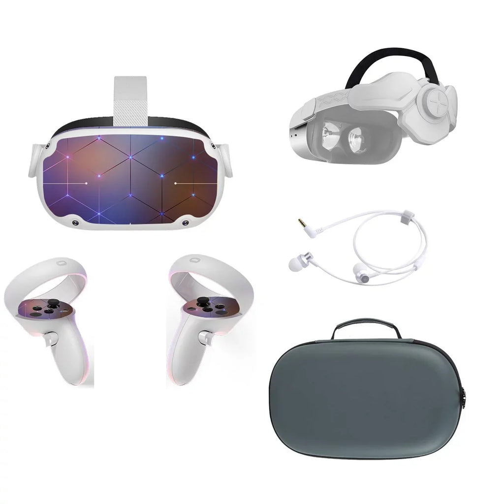 1832x1920 Refresh LCD, VR Touch Oculus Meta Controllers, Quest Rate Audio, Headset, SSD, up Earphone, Stickers 3D Hz 90 Mytrix 256GB Case, to Futuristic 2 Head Strap, All-In-One Purple Carrying Space