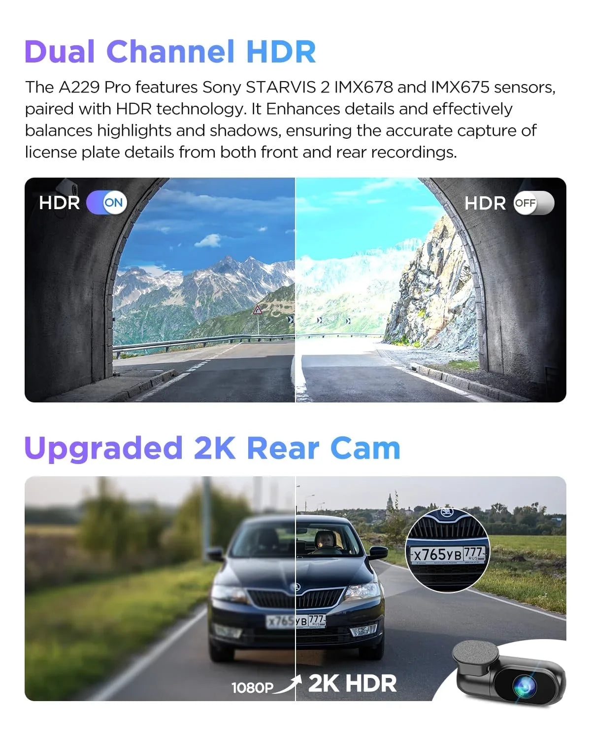 & 4K+2K Pro STARVIS IMX675 Front lb Dashcam Car 2 A229 GPS, 2 IMX678 with Dual Camera VIOFO Rear 2CH