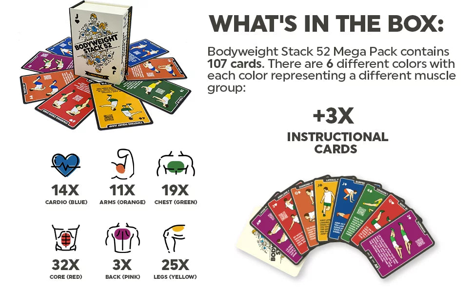 (Bodyweight Exercise by Pack) Fat Card Video 52 No a Bodyweight Cards: Instructions Playing Expert. Included. Needed. Muscle. Designed Fitness Military Equipment Mega Stack Game. Burn Workout Build