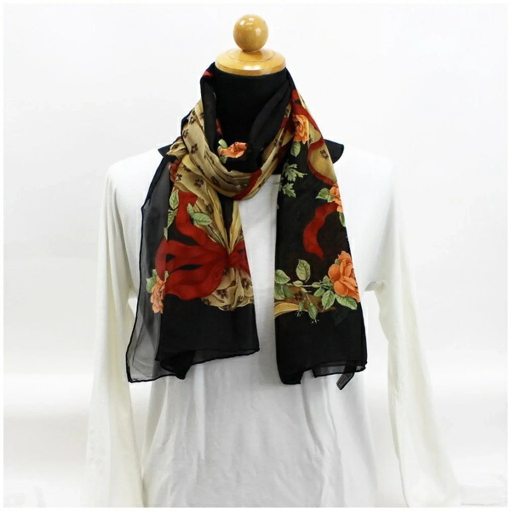 scarf pattern stole ribbon silk rectangle paper muffler Pre-Owned SALVATORE FERRAGAMO Salvatore ladies (Like New) Ferragamo black