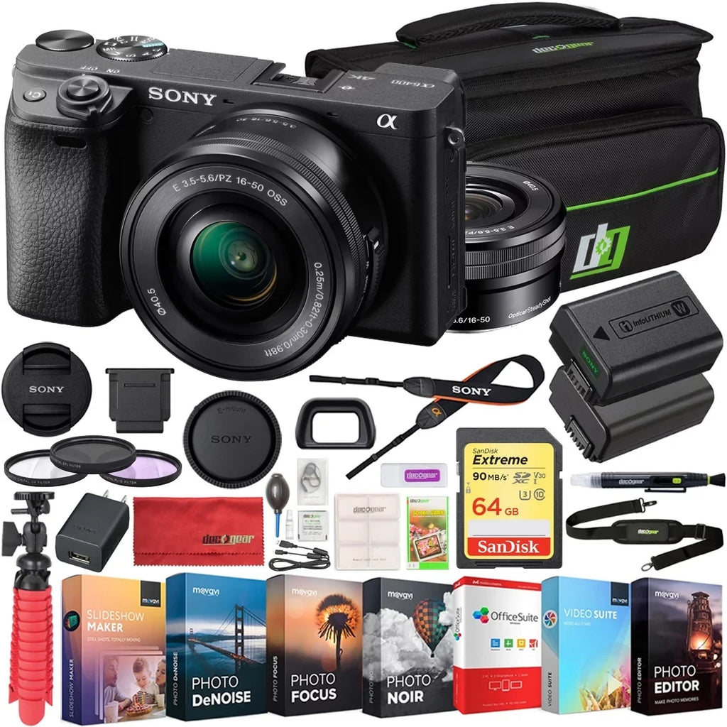 Battery Camera Card, a6400 Camera Mirrorless Interchangeable-Lens Photo Editing and Video Filter Memory 16-50mm APS-C Bundle 40.5mm with Kit Suite, Bag, 64GB ILCE-6400L Lens with and Camera