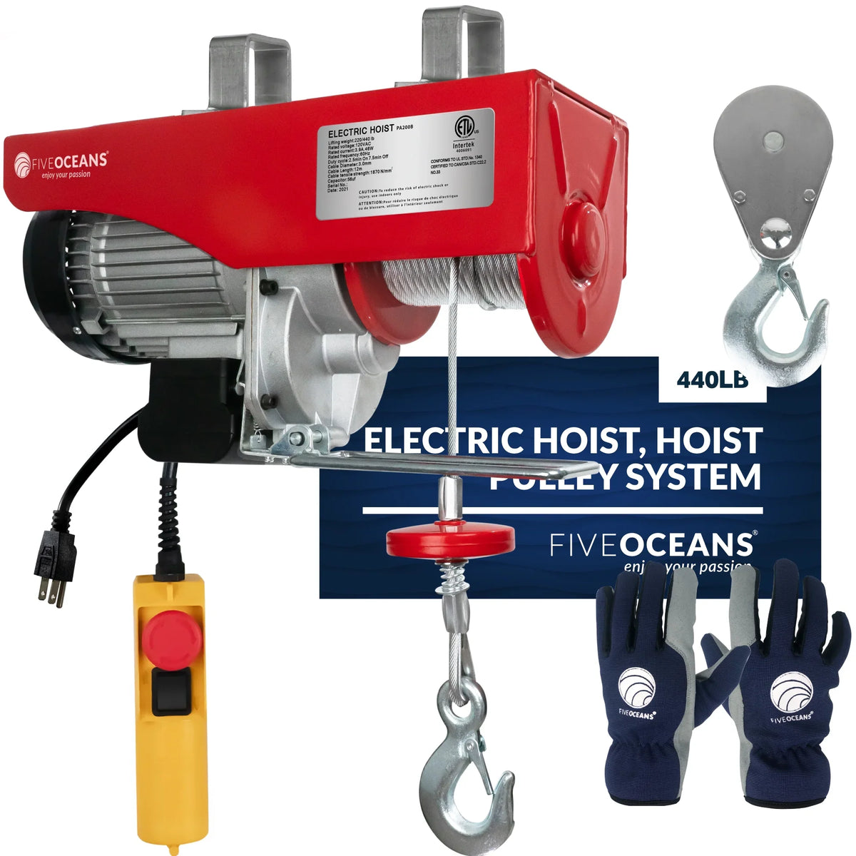 Factory Lifting Hoist, Winch Oceans Garage, Electric Lb Working Gloves Control V, Remote Stop Electric Button Hoist FO3780-C1 Pulley - Pulley 120 System, 440 Five 20FT for Hoist, Emergency Includes