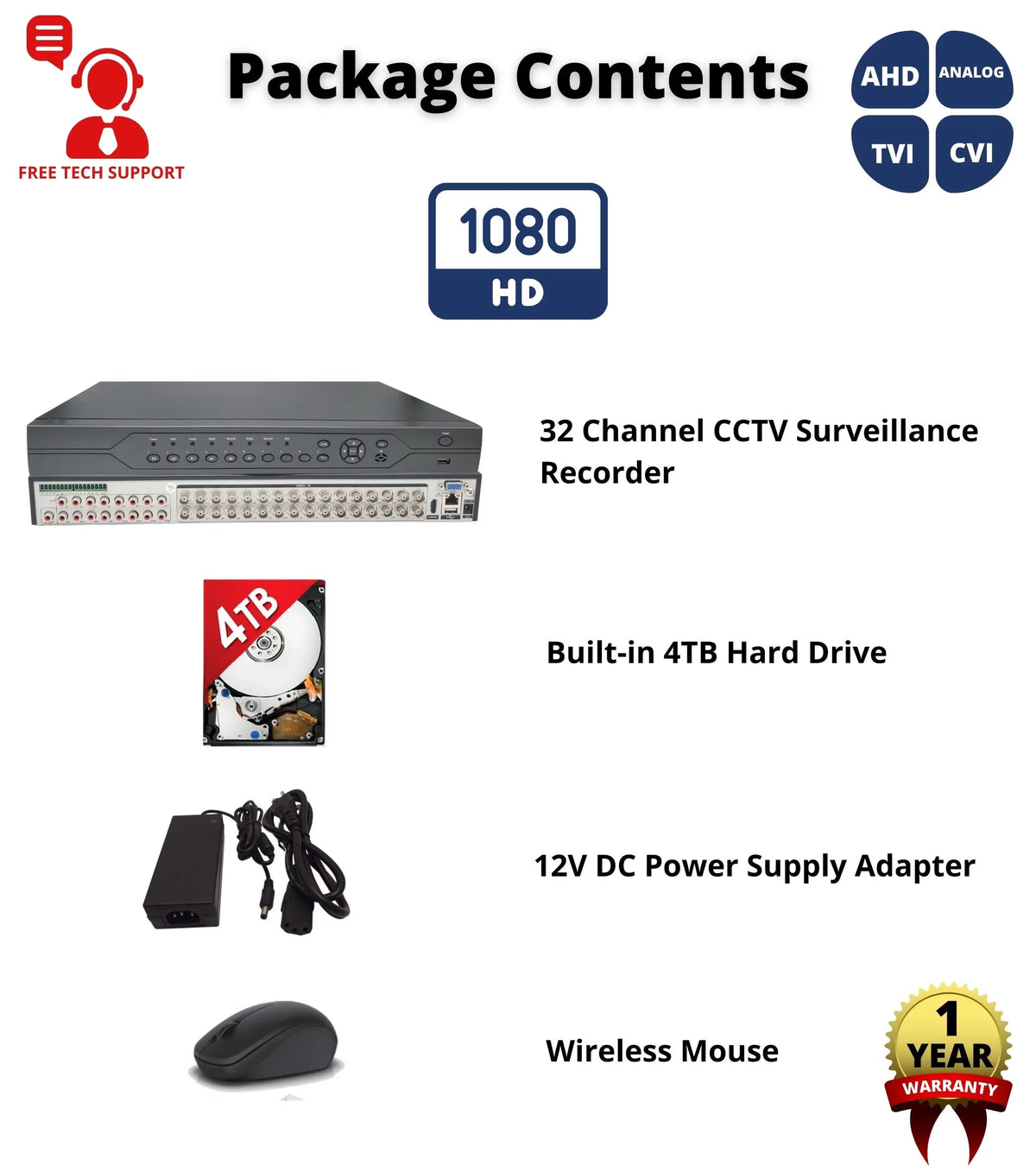 Surveillance Easy 32 for Camera Recording Recorder HD DVR Hard for Evertech Remote Drive with Video Access H.265 4TB Security Channel