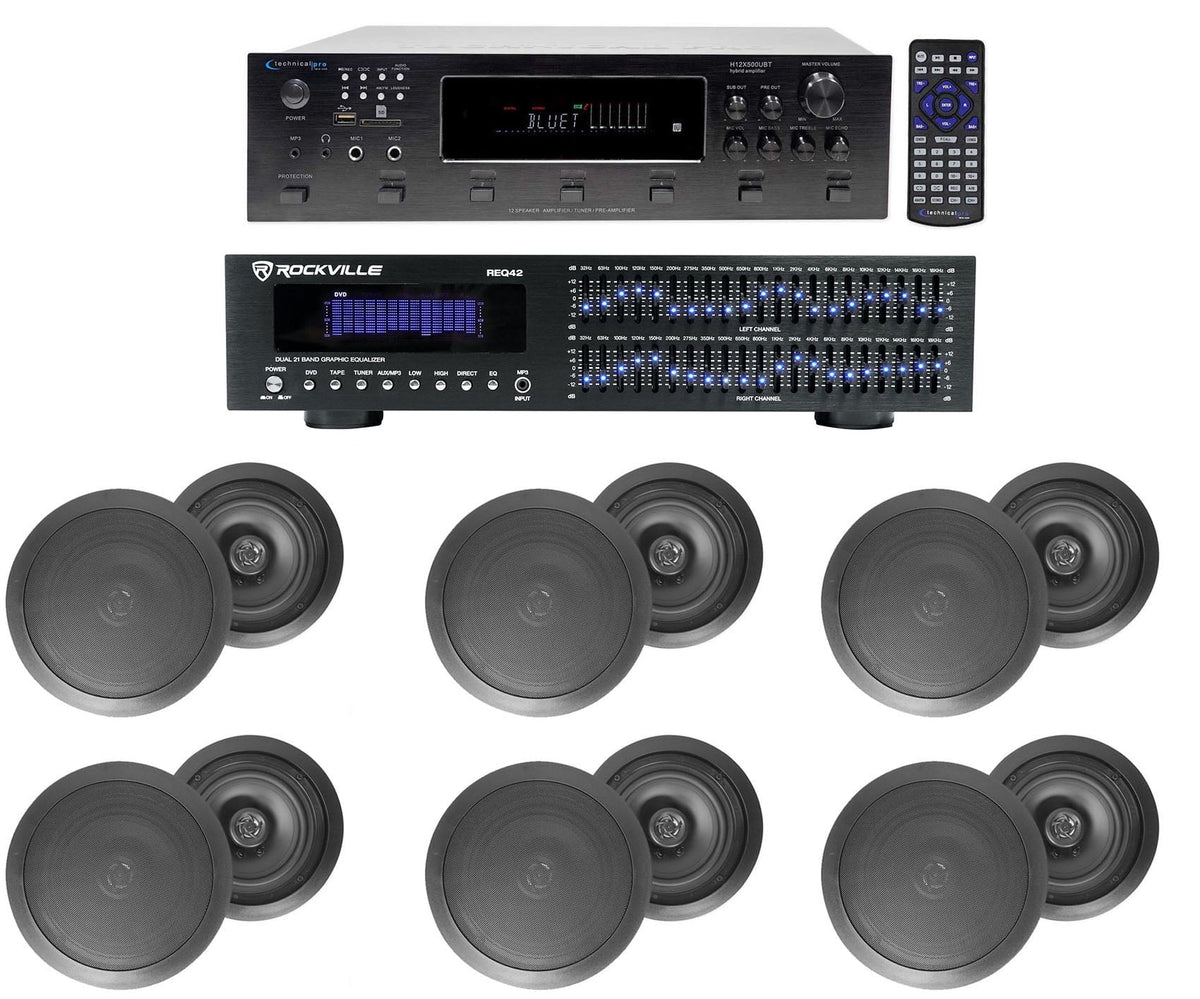 Ceiling 6.5" Receiver+12) Speakers+EQ Home Black 6-Zone, Theater 6000w Bluetooth