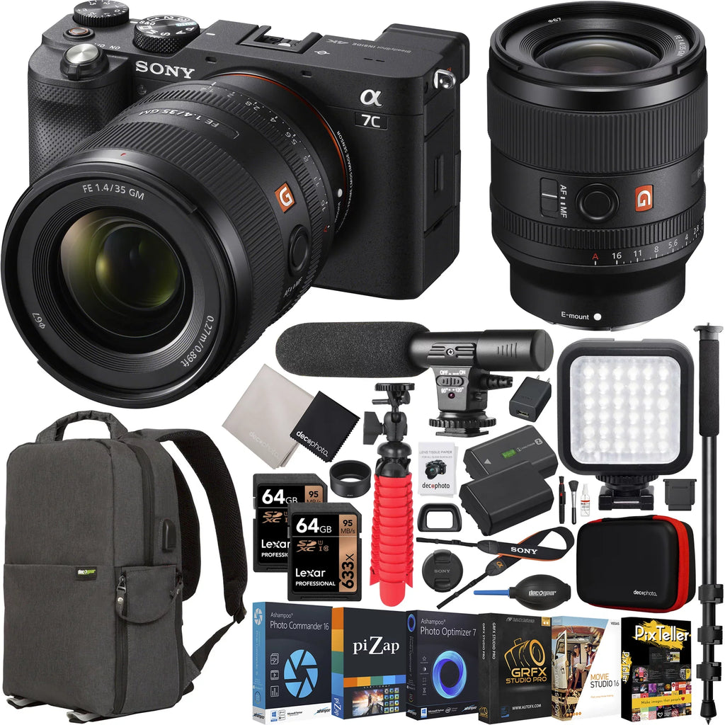 '+ + Lens Master and Black G Frame Microphone 35mm GM Full Case + Gear F1.4 Accessories Deco Body Bundle with ILCE7C/B SEL35F14GM a7C Photography FE Backpack Monopod + LED Mirrorless Camera