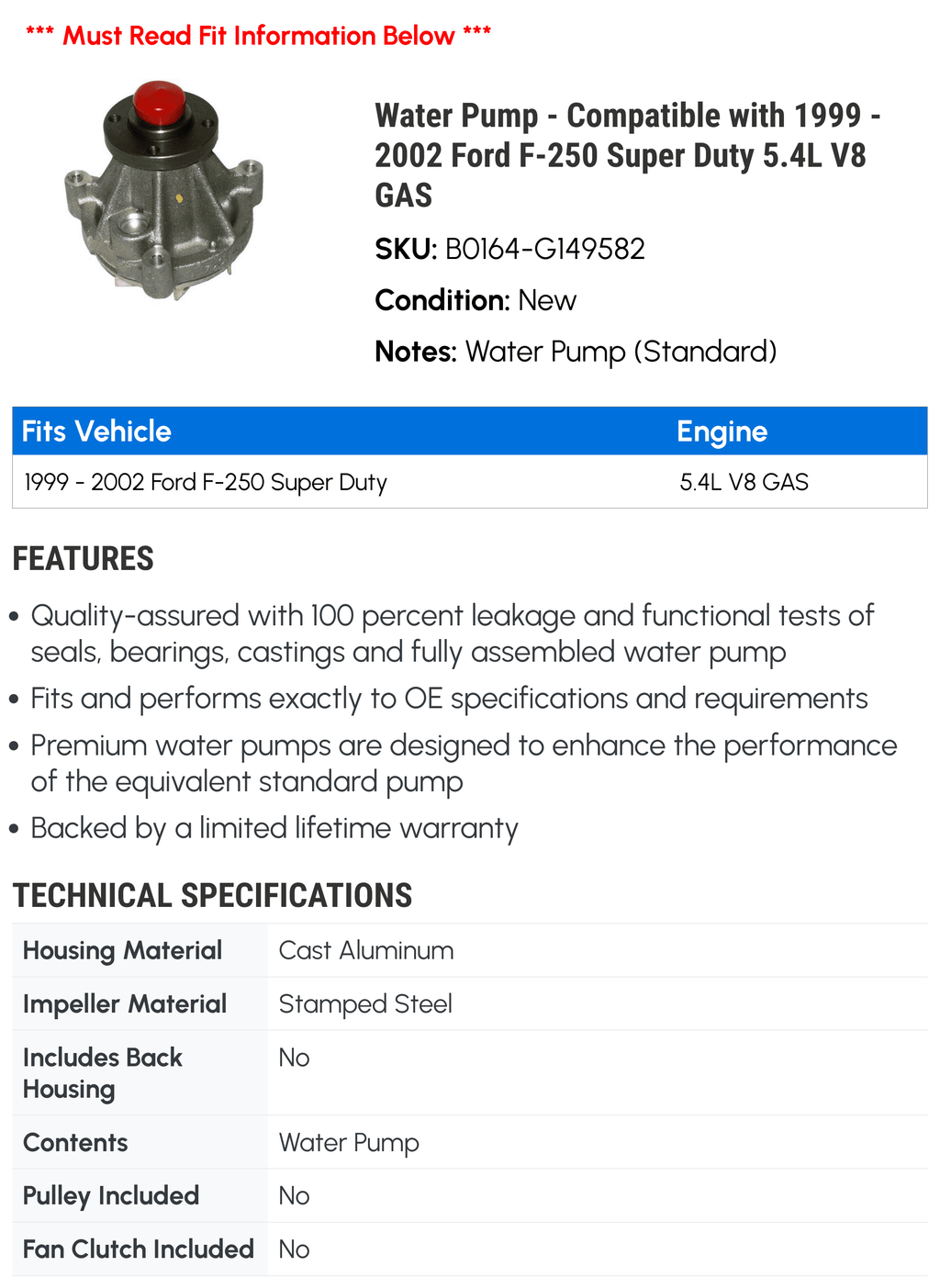 1999 2000 Super Duty V8 - - GAS F-250 2002 with Compatible liquid Pump 2001 5.4L