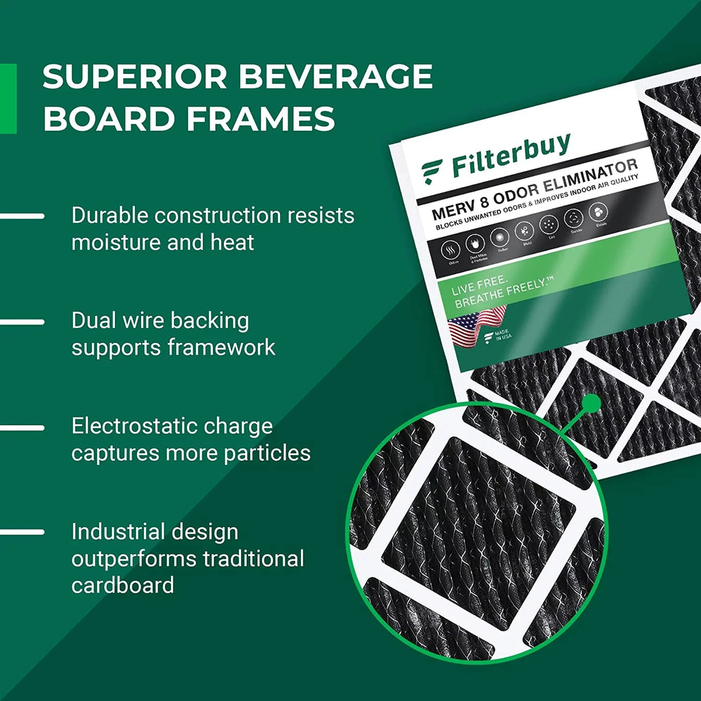 Filterbuy 8 MERV Air Carbon Activated Filters Furnace HVAC AC (2-Pack) 10x10x1 with Eliminator Odor Pleated