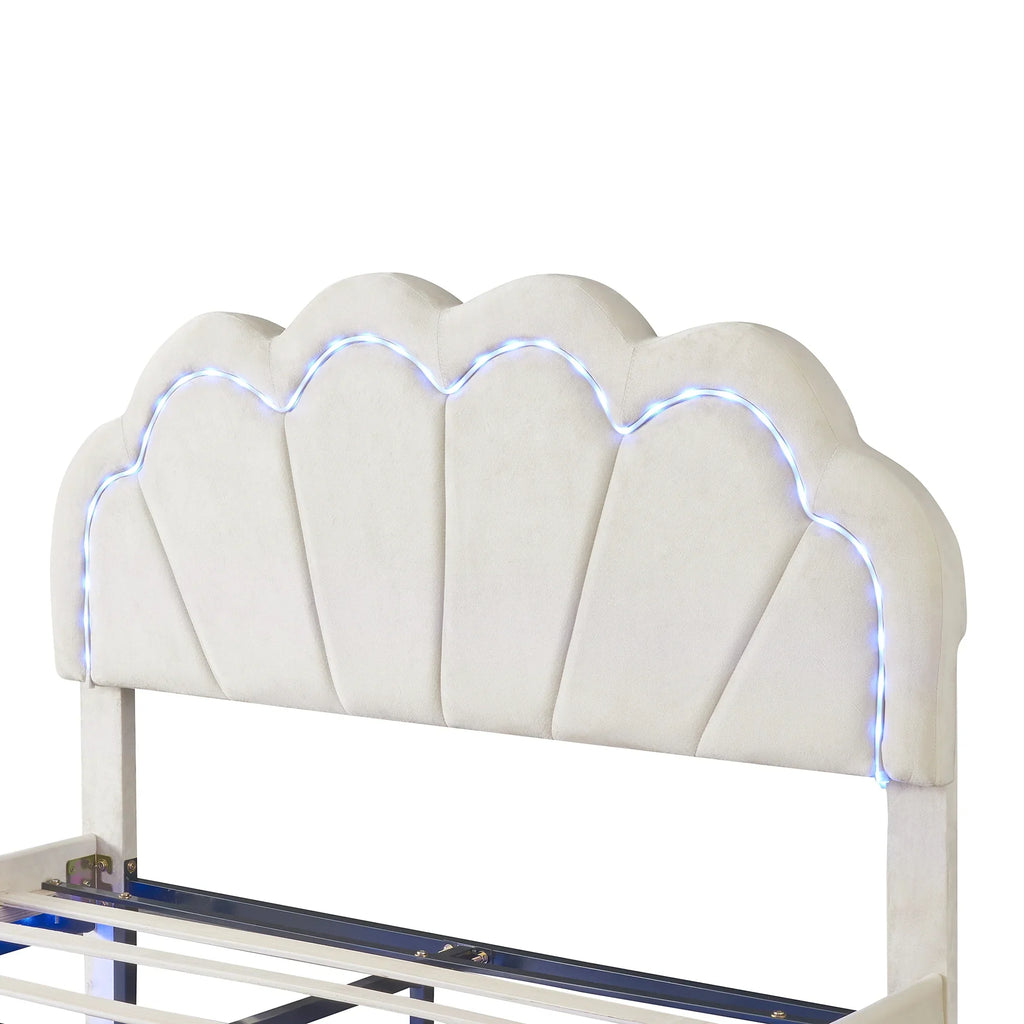 Bed Elegant Frame Cosymart Slats LED Full Platform Support， Headboard， LED Beige Flowers Floating Bed Velvet with with Upholstered Wooden Smart