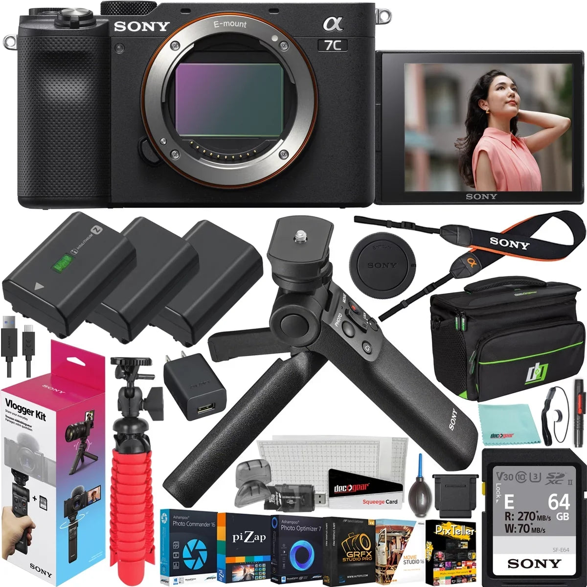Vlogger Grip + Mirrorless Body Gear Deco + Bundle w. Full Black 2 & GP-VPT2BT Frame Remote Only Lens Shooting with a7C Bag Kit ACCVC1 Battery Accessories Wireless Interchangeable ILCE7C/B Camera