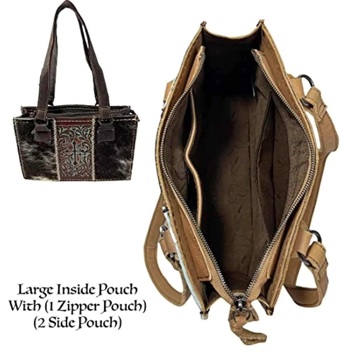 Urbalabs Tote Stitched Crosses Dark Bag Zipper Shoulder the Brown) for (Dark Purse Western Over Leather Brown Tooled Hand Women Handbag with Purses In CowHair Western Genuine